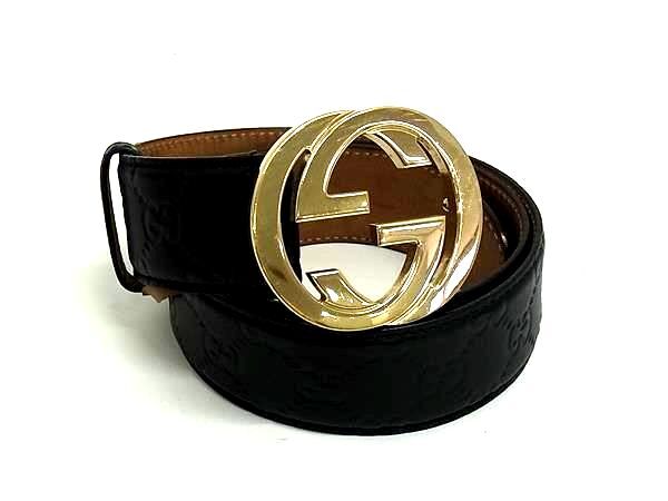 1円 GUCCI グッチ 114876 インターロッキングG グッチシマ レザー ゴールド金具 ベルト 表記サイズ 85・34 メンズ ブラック系 GB5807拍卖