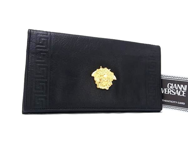 1円 GIANNI VERSACE ジャンニ ヴェルサーチ メデューサ レザー 二つ折り 長財布 ウォレット 札入れ レディース メンズ ブラック系 BQ6375拍卖