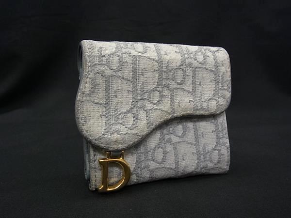 1円 ChristianDior クリスチャンディオール トロッター サドル キャンバス 三つ折り 財布 ウォレット レディース グレー系 FW6769拍卖