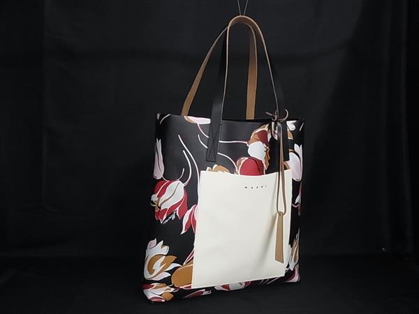 1円 ■美品■ MARNI マルニ PVC フラワー 花柄 ショッピングバッグ ハンドバッグ トート ショルダー 肩掛け ブラック系 HE1661拍卖