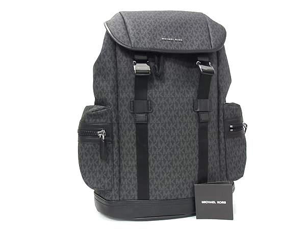 1円 ■美品■ MICHAEL KORS マイケルコース MK柄 PVC 巾着型 リュックサック バックパック デイパック メンズ ブラック系 HE1867拍卖
