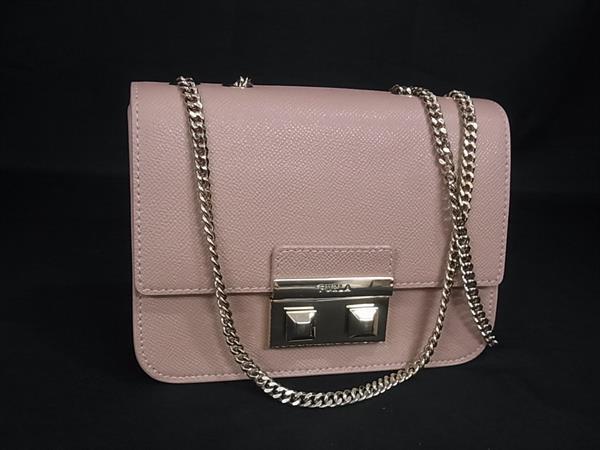 1円 ■美品■ FURLA フルラ ベラ レザー チェーン ポシェット クロスボディ ショルダーバッグ 斜め掛け ピンクベージュ系 FY3244拍卖