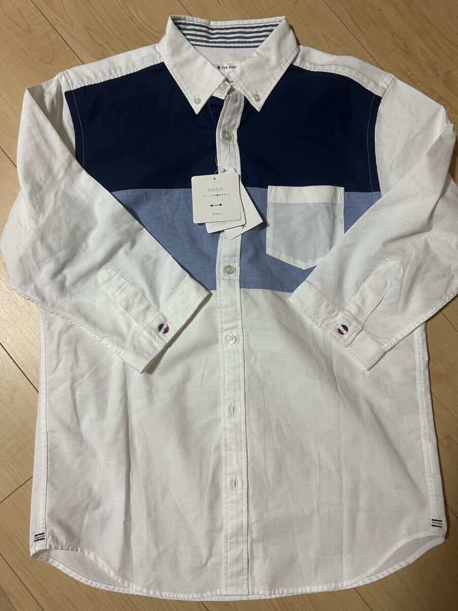 【未使用】 ※試着のみ THE SHOP TK タケオキクチ 春夏★ 七分袖 ストレッチ 切替 ボタンダウン シャツ Sz.M メンズ 白拍卖