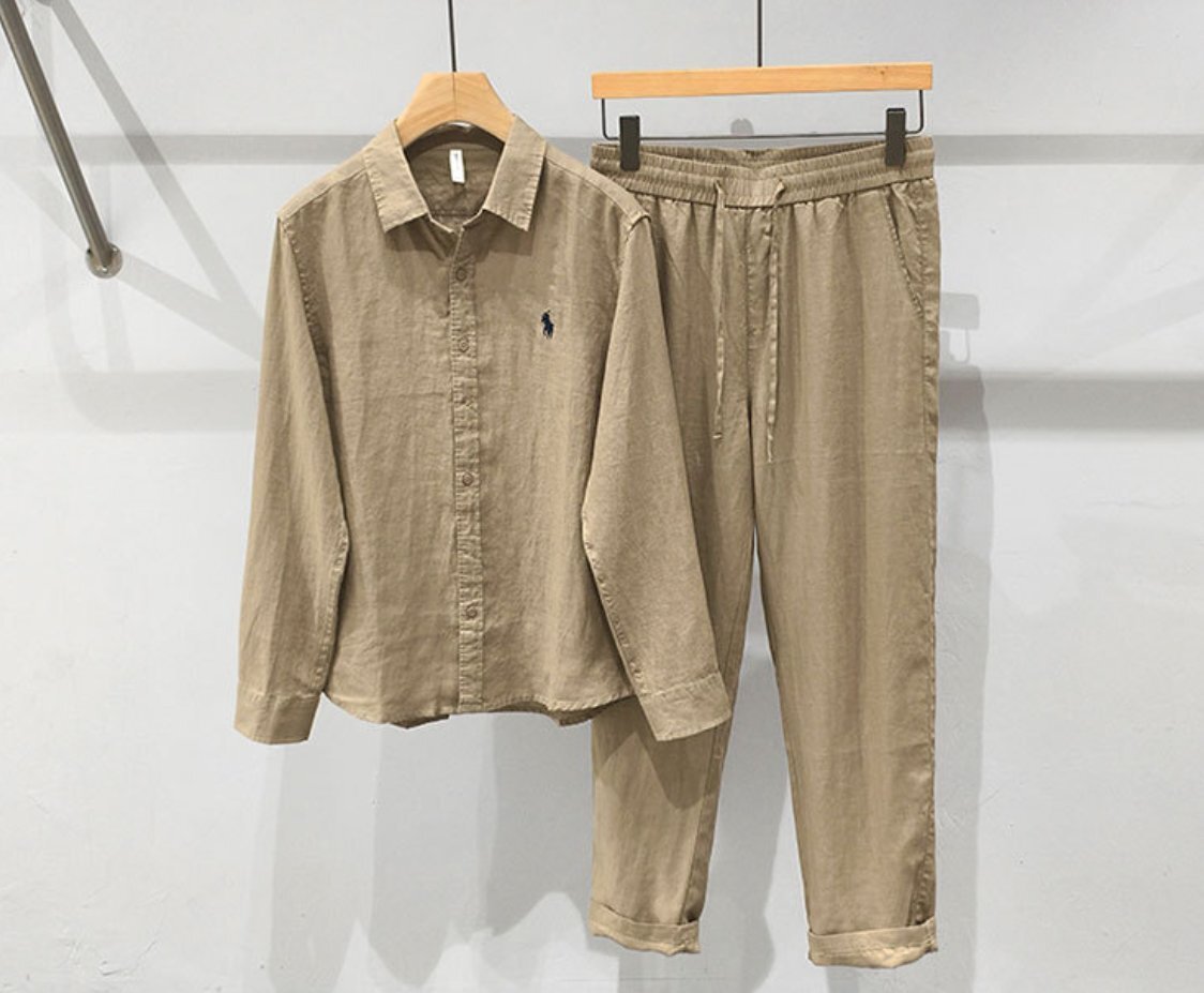夏用 新品 長袖麻シャツ カジュアルパンツ 麻100% 上下セット 麻セットアップ メンズゆったりセット 通気性抜群 心地良し拍卖