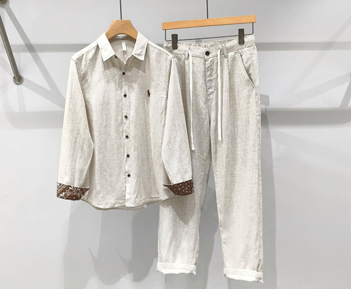 夏新品 麻シャツ カジュアルパンツ 上下セット 麻セットアップ メンズゆったりセット レトロカジュアル 通気性抜群 心地良し 通勤拍卖