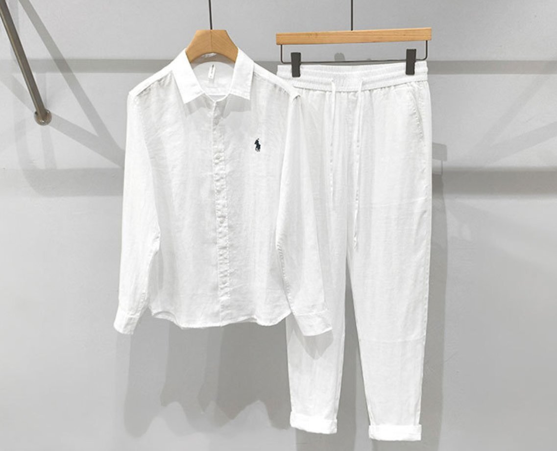 夏用 新品 長袖麻シャツ カジュアルパンツ 麻100% 上下セット 麻セットアップ メンズゆったりセット 通気性抜群 心地良し拍卖