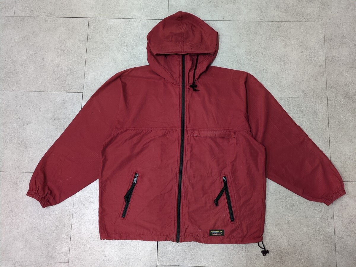 2. 00s L.L.BEAN リップストップ生地 ナイロン パーカー フーデッド ジャケット ジャンパー ブルゾン エルエルビーン ダークレッド系 x204拍卖