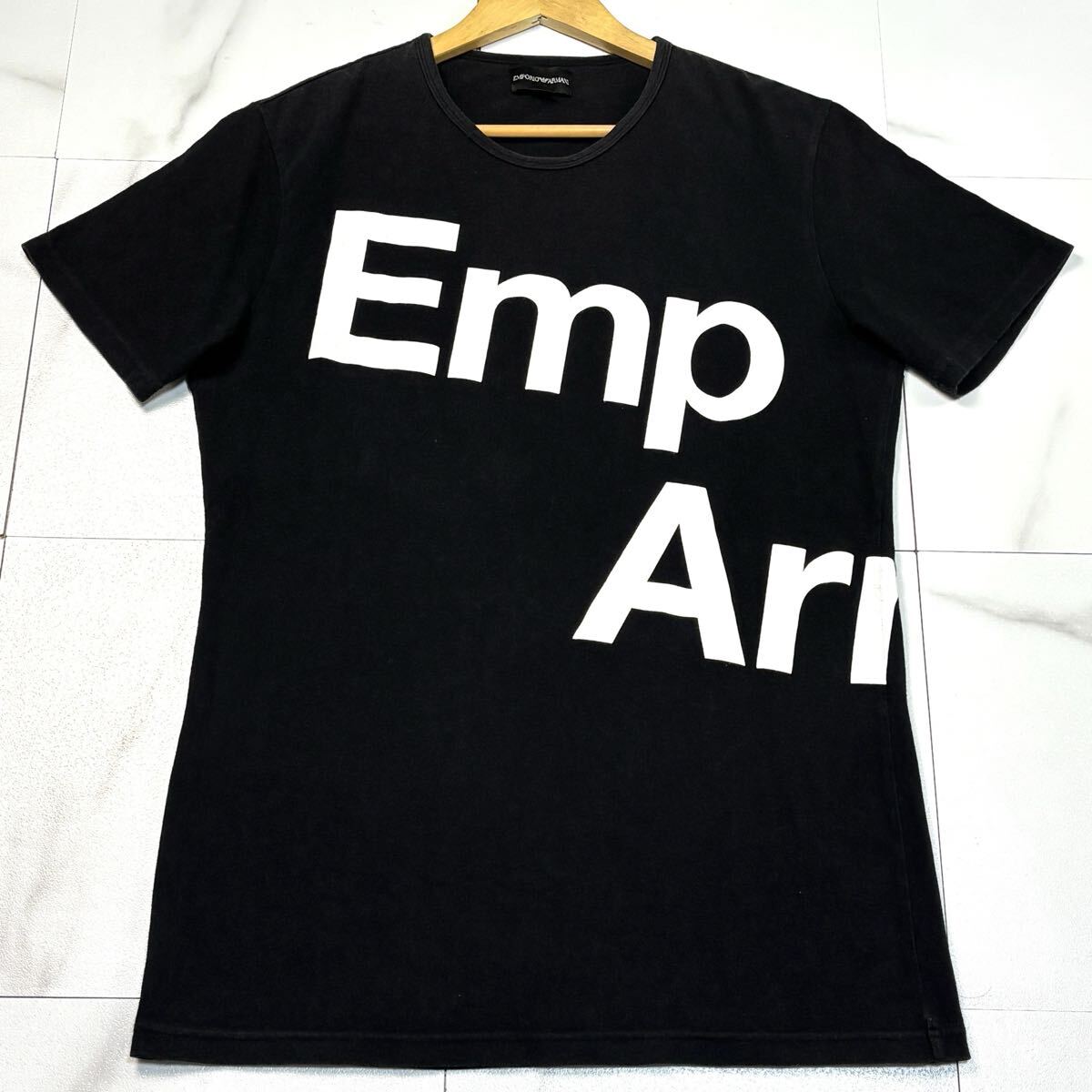 極美品/ XXLサイズ EMPORIO ARMANI エンポリオ アルマーニ Tシャツ 半袖 BIGロゴ ストレッチ ブラック 黒拍卖