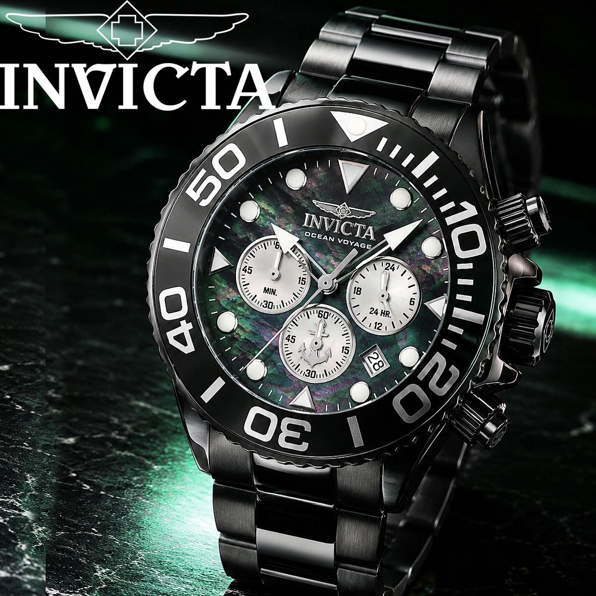 【定価24万→1円】真珠母貝MOP時計 新品インビクタINVICTA 全身黒塗 100m防水クロノグラフ ハリウッド 激レア日本未発売マザーオブパール拍卖
