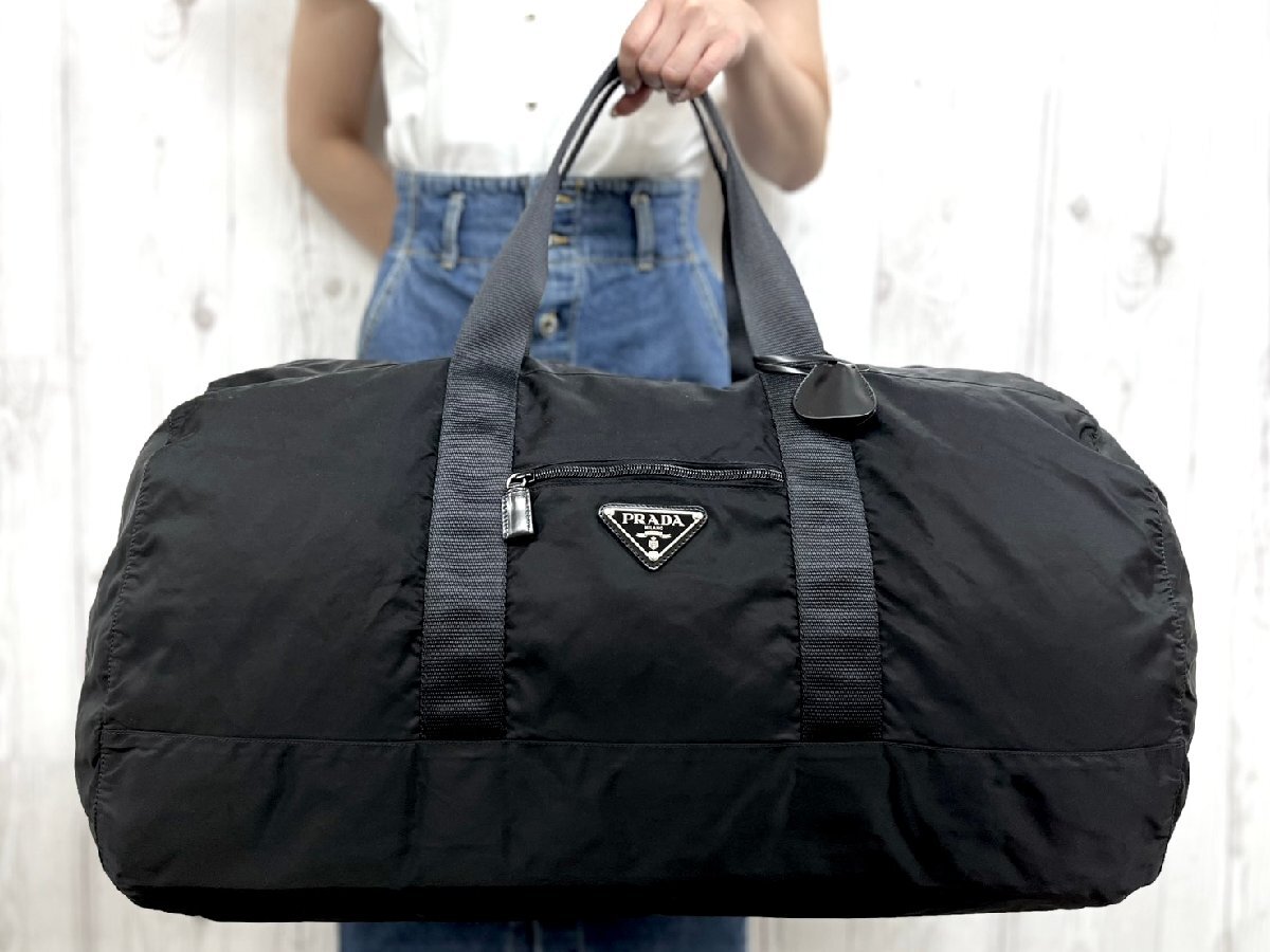 極美品 PRADA プラダ テスート デカ ロゴ 鍵カデナ付 ボストンバッグ ハンドバッグ バッグ ナイロン×レザー 黒 A4可 メンズ 103865拍卖