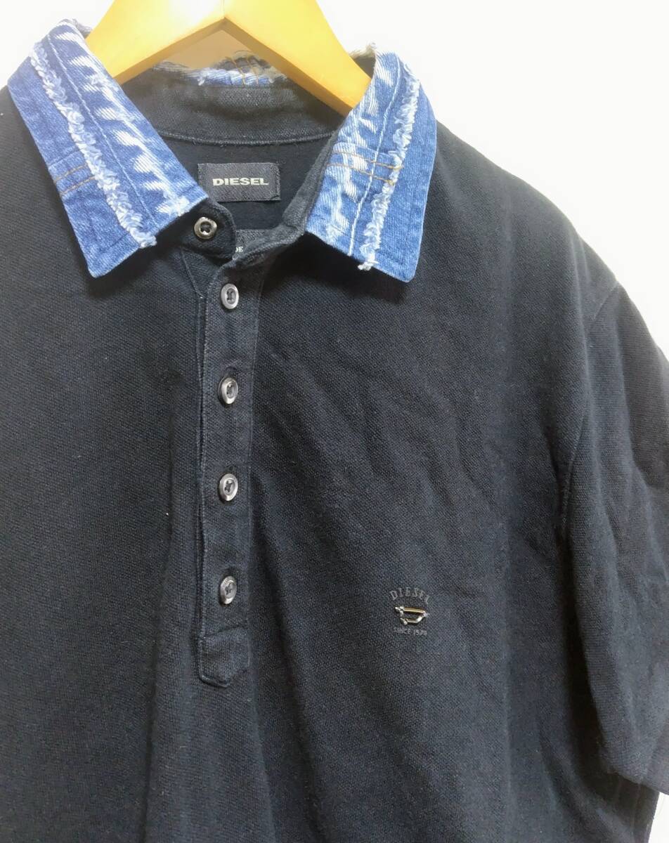 DIESEL ディーゼル 半袖 ポロシャツ 半袖シャツ デニム使い ワンポイント ロゴ金具 黒 ブラック M メンズ拍卖