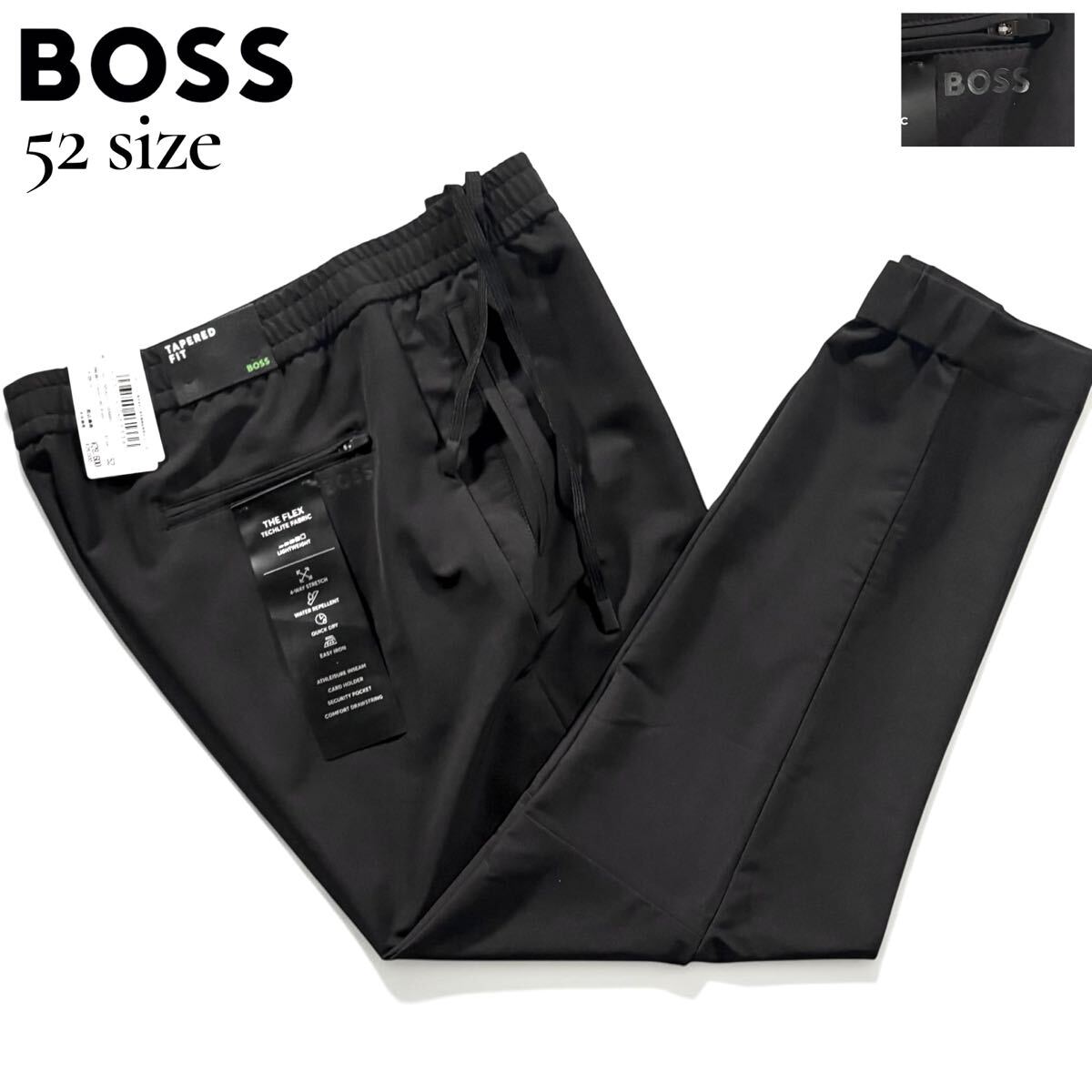 新品タグ付き/XLサイズ●現行 HUGO BOSS ヒューゴボス ナイロン ジョガーパンツ スラックス 薄手 ストレッチ◎ 速乾 防水 BOSSロゴ 黒 52拍卖