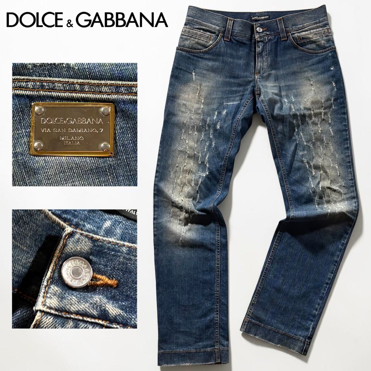 美品/希少●DOLCE&GABBANA ドルチェ&ガッバーナ デニム ジーンズ Gパン パンツ ダメージ加工 ロゴ金具プレート 爪痕風 洗濯可◎ M-L 46拍卖