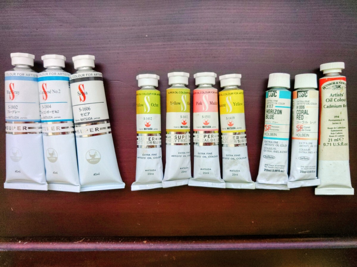 【未使用】松田油絵具 ①ブルーグレイ②ブルーコンポーゼ③セピア④パーマネントイエロー⑤ピンクマダー⑥イエローオーカー/おまけ他10本拍卖