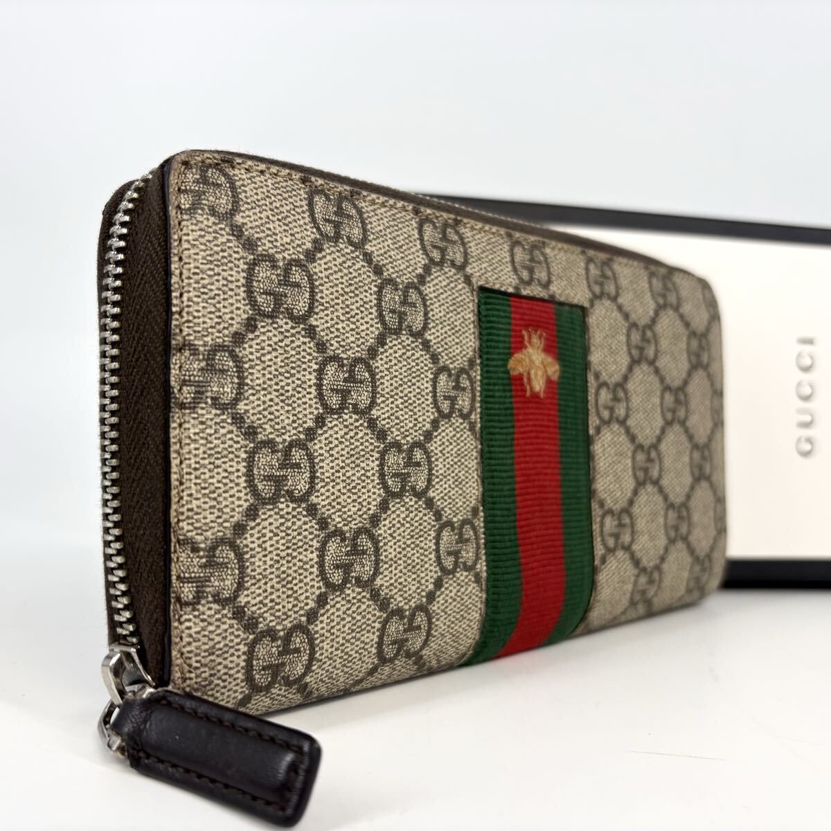 極美品!!! GUCCI グッチ アニマリエ ビー 長財布 ロングウォレット ラウンドファスナー ビジネス メンズ シェリーライン 刺繍 gg柄 pvc 革拍卖