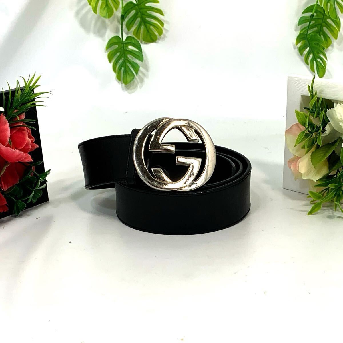 【極美品】グッチ /インターロッキングG /ダブル G/レザーベルト /ブラック シルバー金具拍卖