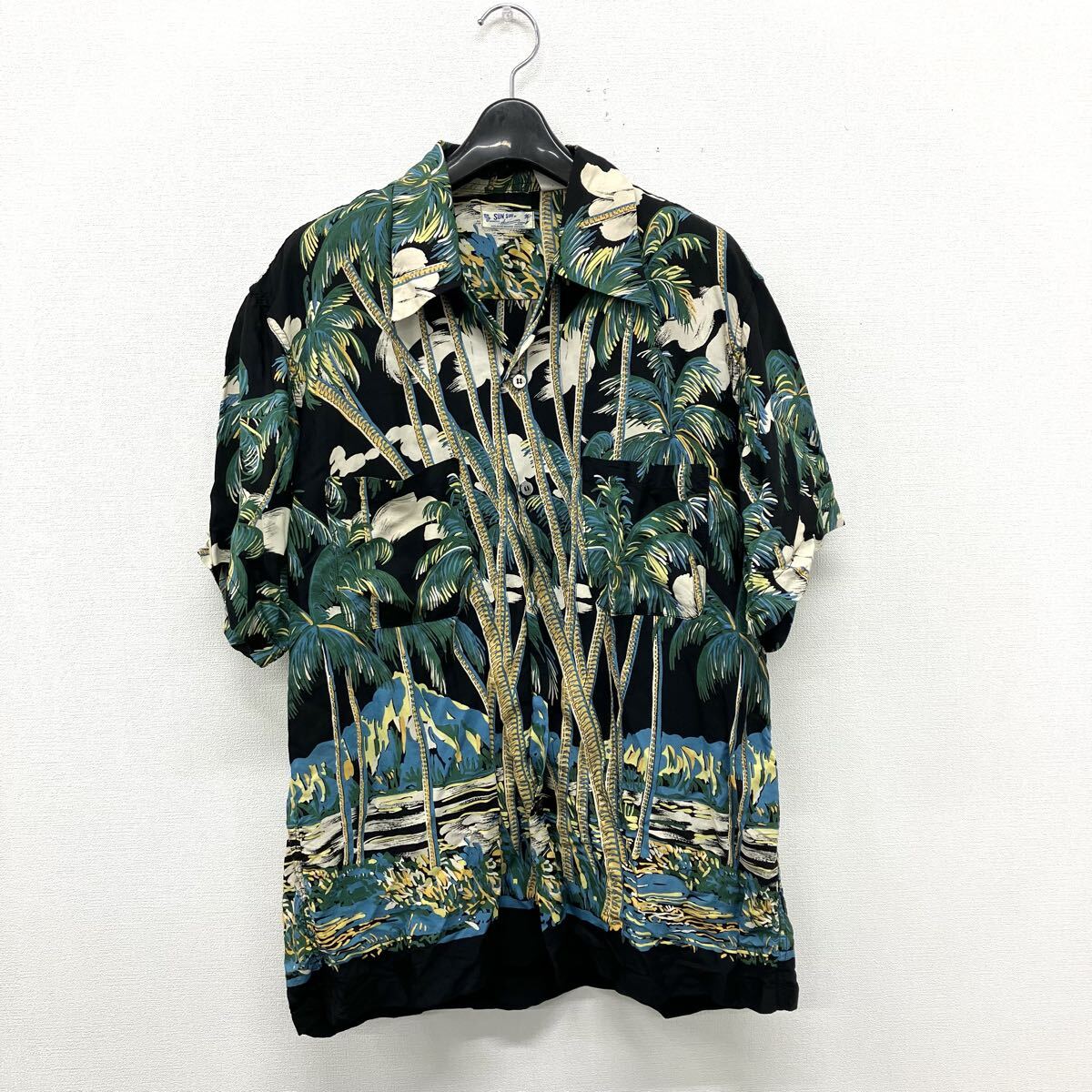 見★1円〜 ② SUN SURF Hawaiian アロハシャツ レーヨン100% 開襟 ヤシの木 総柄 半袖 メンズ L拍卖
