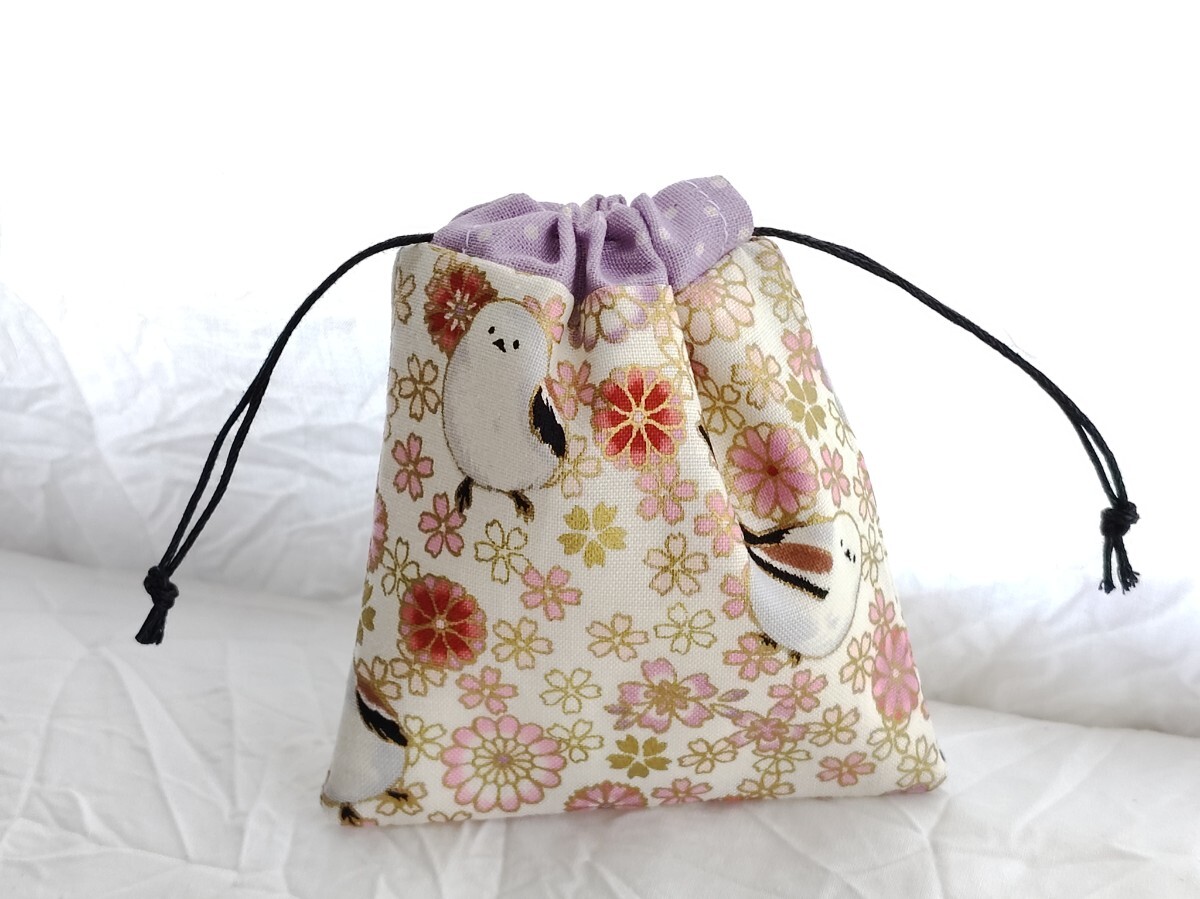 ★ハンドメイド★シマエナガ*花柄*和*ミニ巾着袋*小物入れ*鳥拍卖