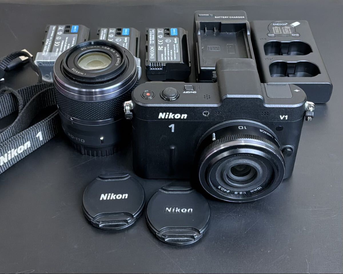 【14Li-1】Nikon ニコン 1 V1 1 NIKKOR VR 30-110mm F3.8-5.6 10mm F2.8 ミラーレス 一眼カメラ レンズ 通電確認済み バッテリー3本 現状品拍卖