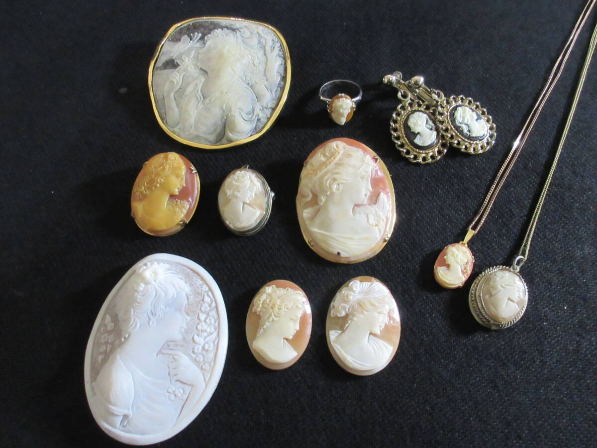 *100円~【美品含む】金具800刻印1点 人像 女性像 シェルカメオ アンティーク ネックレス/ブローチ/イヤリング/指輪/他 11点セット*M-44拍卖