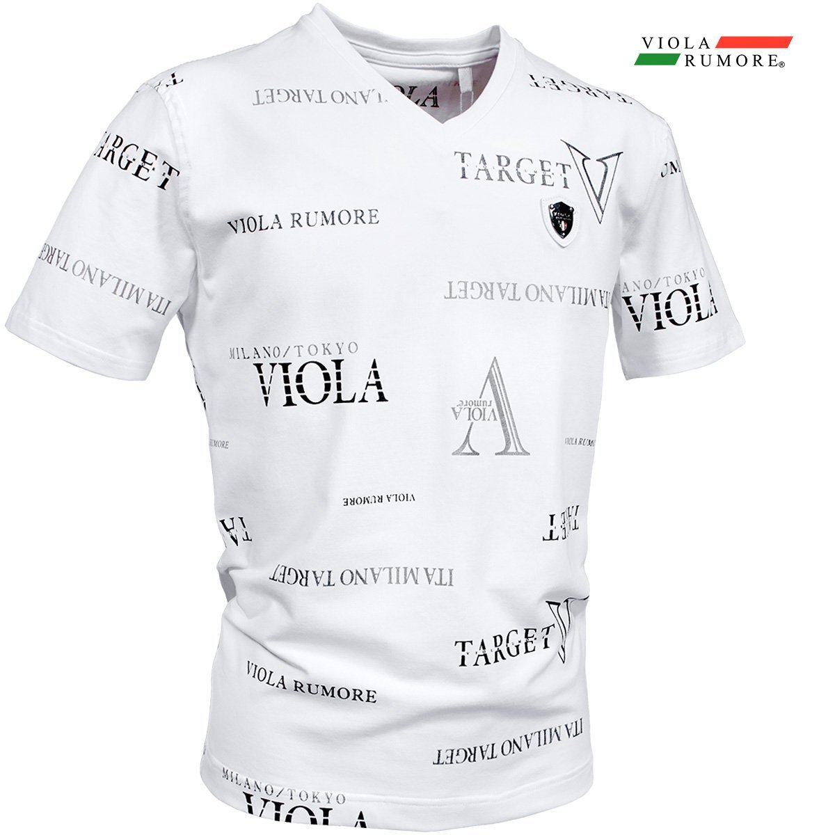 52318-wh VIOLA rumore ヴィオラルモーレ ビオラ Tシャツ 半袖 Vネック 総柄プリント ロゴ メンズ(ホワイト白) L ストレッチ天竺拍卖