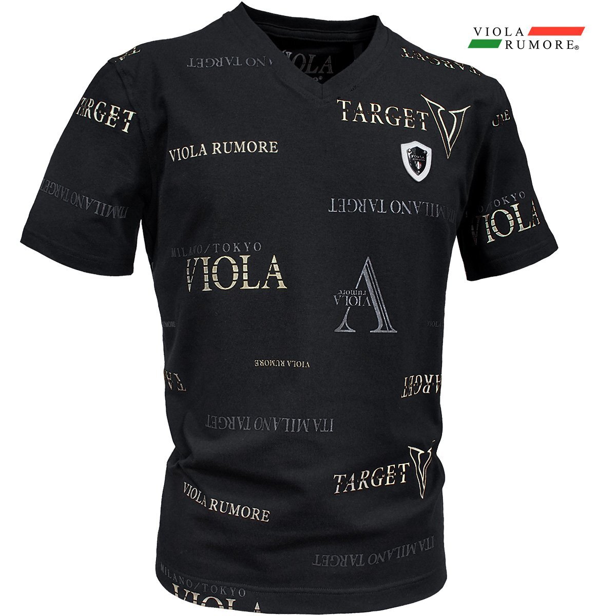 52318-bkspg VIOLA rumore ヴィオラルモーレ ビオラ Tシャツ 半袖 Vネック 総柄プリント ロゴ メンズ(ブラック黒2) L ストレッチ天竺拍卖