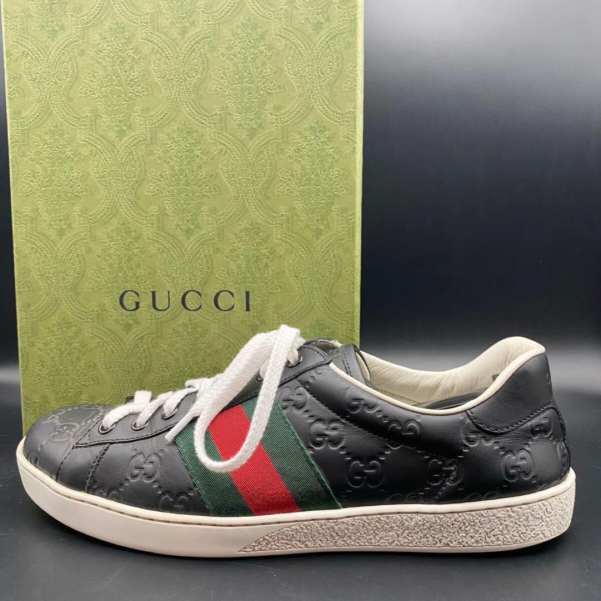 1円【美品】GUCCI グッチ シマ エース スニーカー ローカット GG柄 シェリーライン ロゴ メンズ レザー ブラック 黒 シューズ 靴 26cm相当拍卖