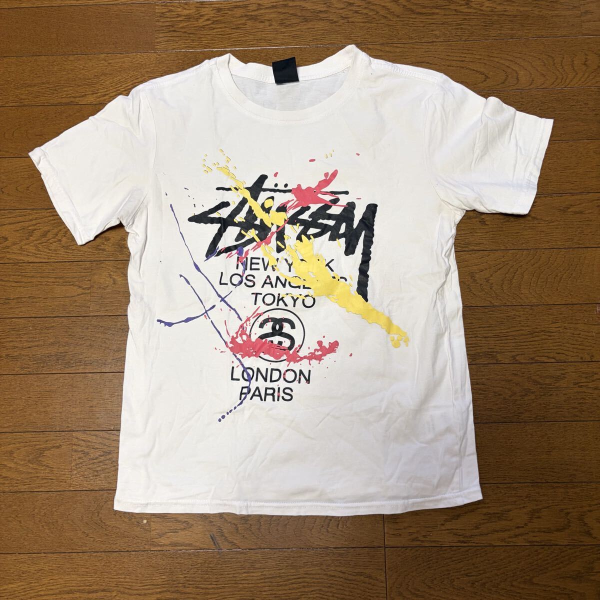 00s STUSSY ワールドツアー Tシャツ L ホワイト 白 ペイント スプラッター 落書き メキシコ製 ステューシー 半袖 ストリート 古着 v67拍卖