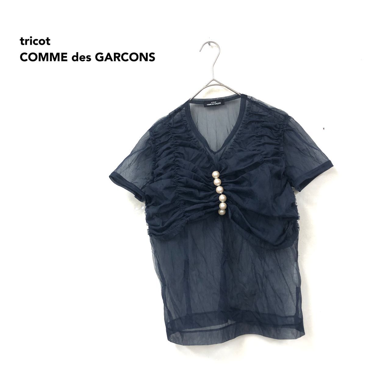 3S2623-D◆old tricot COMME des GARCONS トリコ コムデギャルソン シアーシャツブラウス パール 半袖 ◆ ネイビー ギャザー拍卖