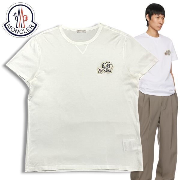 ★ 134 国内正規品 MONCLER モンクレール 半袖コットン ダブルワッペン ロゴ Tシャツ カットソー クルーネック L メンズ ホワイト拍卖