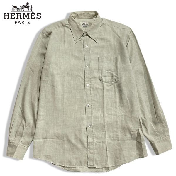 271 国内正規品 HERMES エルメス 長袖コットン ボタンダウンシャツ ポケットシャツ セリエ ロゴ ボタン 44 ミントグリーン フランス製拍卖