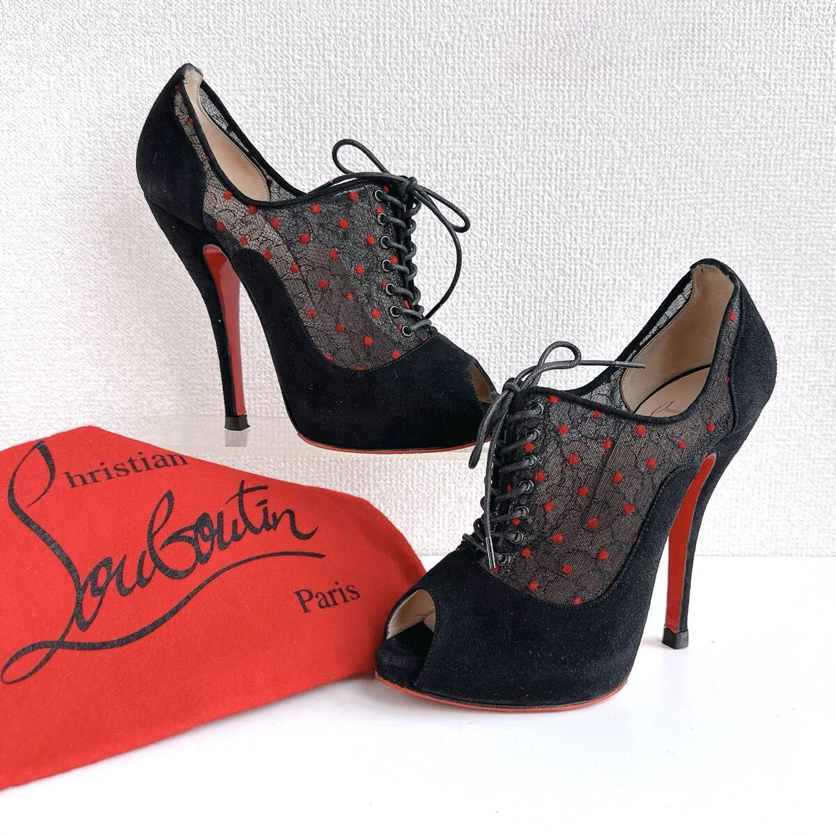 Christian Louboutin クリスチャンルブタン ドット レース オープントゥ ハイヒール パンプス サンダル レースアップ 厚底 35黒 レーディス拍卖