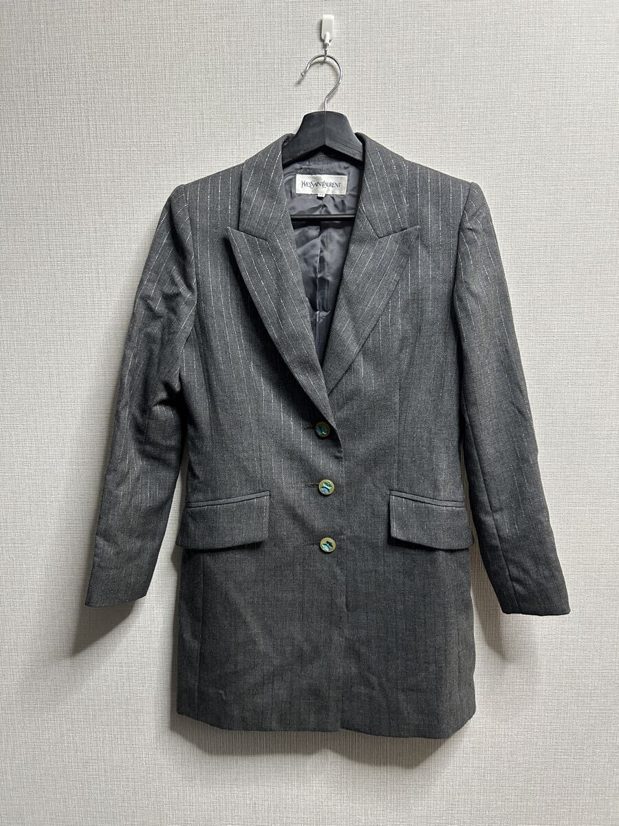 1円 Yves Saint Laurent イヴサンローラン ヴィンテージ ロングジャケット 34 ピンストライプ グレー テーラード レディース YSL拍卖