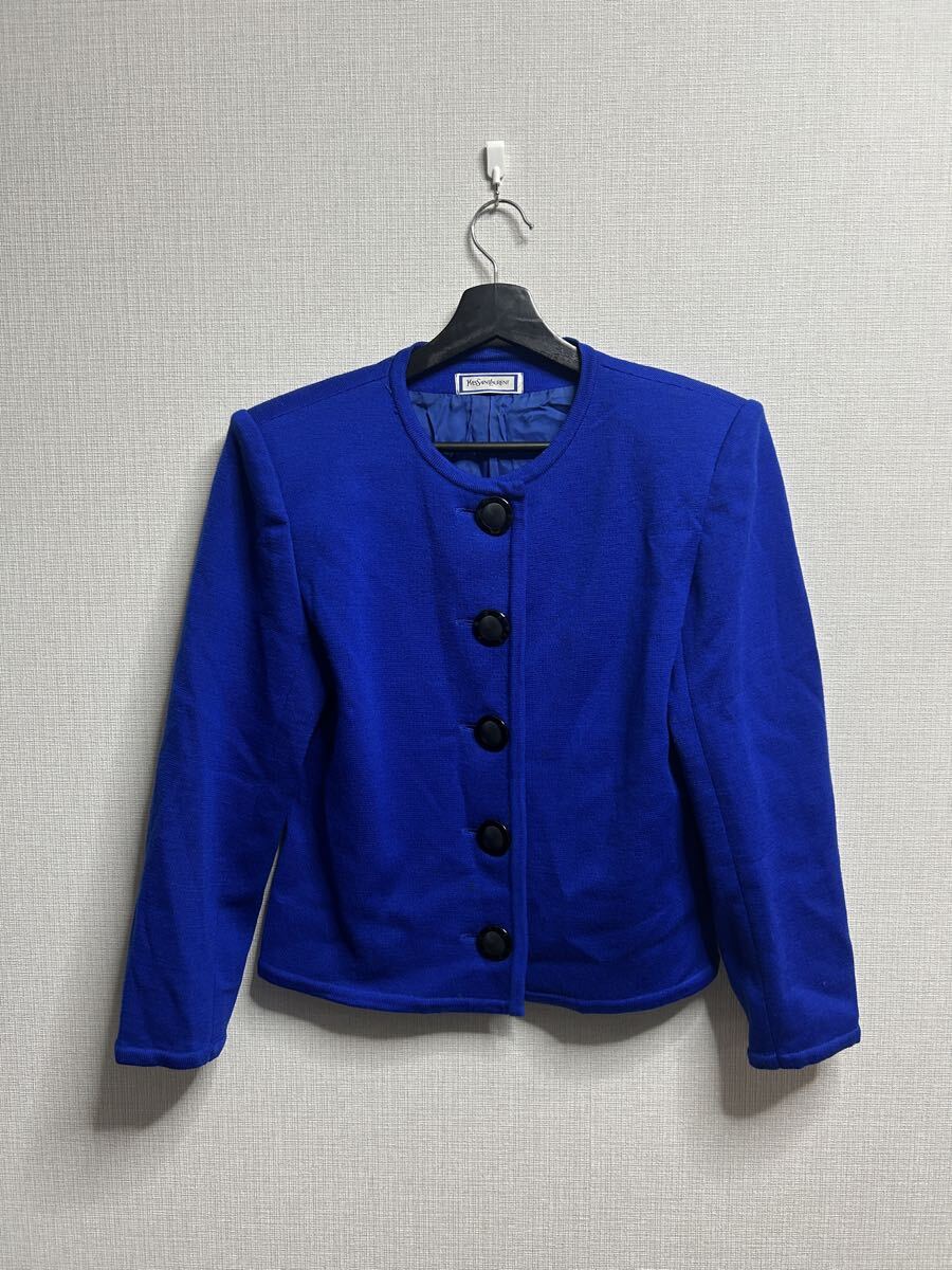 1円 Yves Saint Laurent イヴサンローラン ノーカラージャケット ブルー 青 金ボタン ヴィンテージ レディース YSL ジャケット拍卖