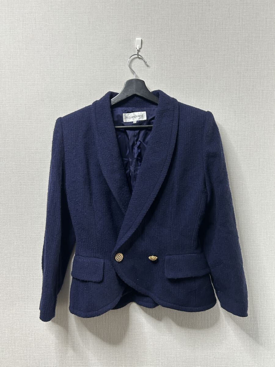 1円 Yves Saint Laurent イヴサンローラン ツイード ジャケット ネイビー 紺 ゴールドボタン ショールカラー レディース 40 ヴィンテージ拍卖