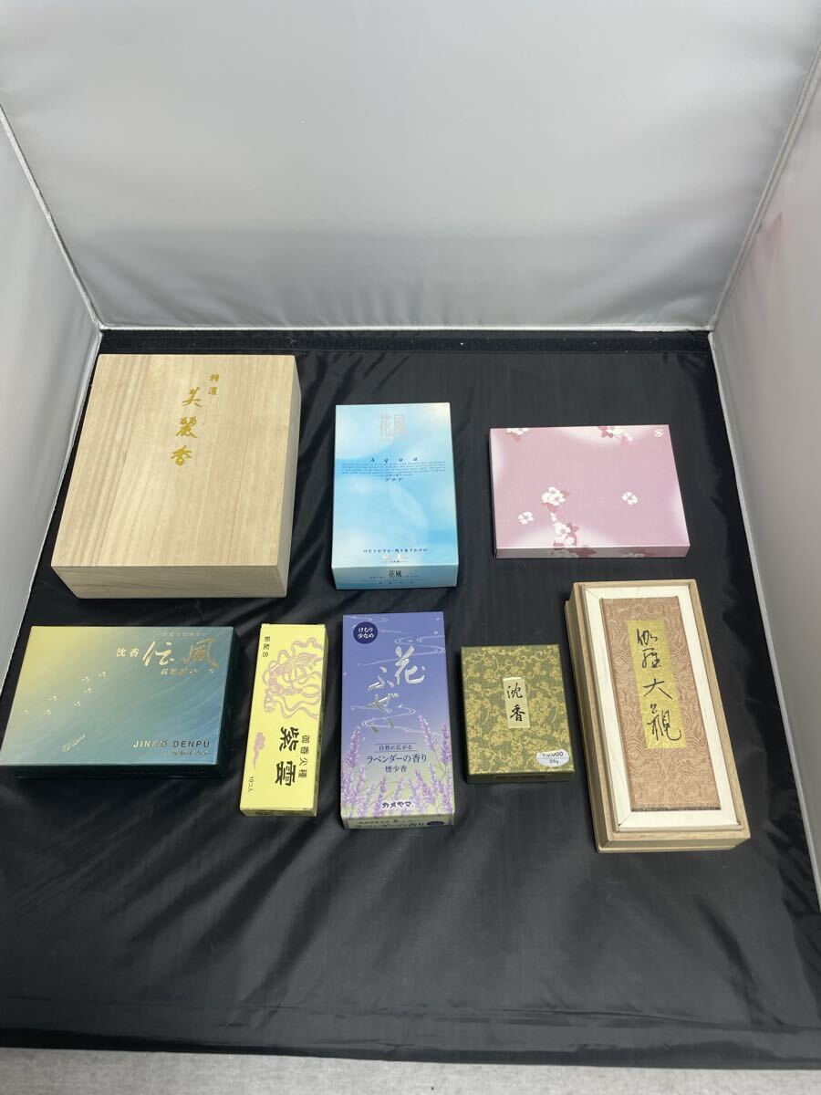I 線香 仏具 お線香 沈香 アクア 花風 ふぜい まとめ 8点 木箱 など、拍卖