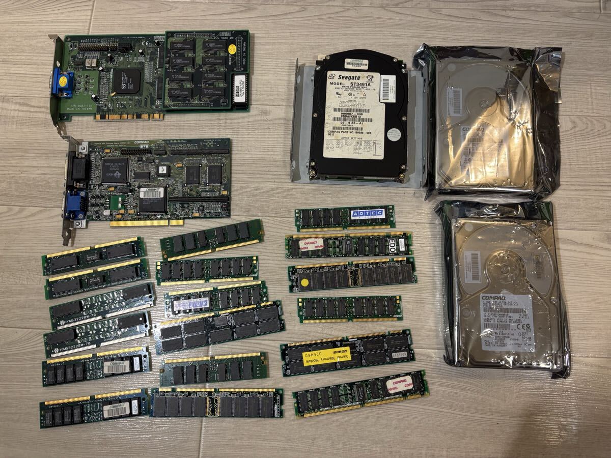 【v133】COMPAQほか PCパーツ23点大量まとめ SCSI HDD 4.3GB メモリ PCIグラフィックボード GA-98BV ST3491A PowerStorm R2拍卖