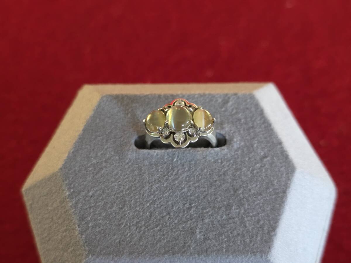 T5695 ジュエリー 宝飾品 Pt900 天然クリソベリル クリソベリルキャッツアイ・ダイアモンドリング 12号 鑑別書 ケース拍卖