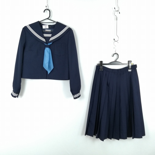 1円 セーラー服 スカート スカーフ 上下3点セット 170A 大きいサイズ カンコー 冬物 白3本線 島根安来第一中学 紺 中古 ランクC NA2455拍卖