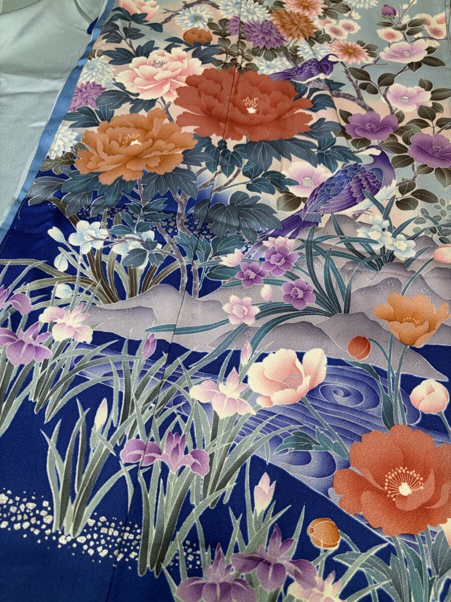 振袖 正絹 仮絵羽 未仕立て 雉柄 流水 菖蒲 菊 牡丹 草葉 水色 着物 和服 リメイク ハンドメイド 生地 衣装 百貨店 高級拍卖