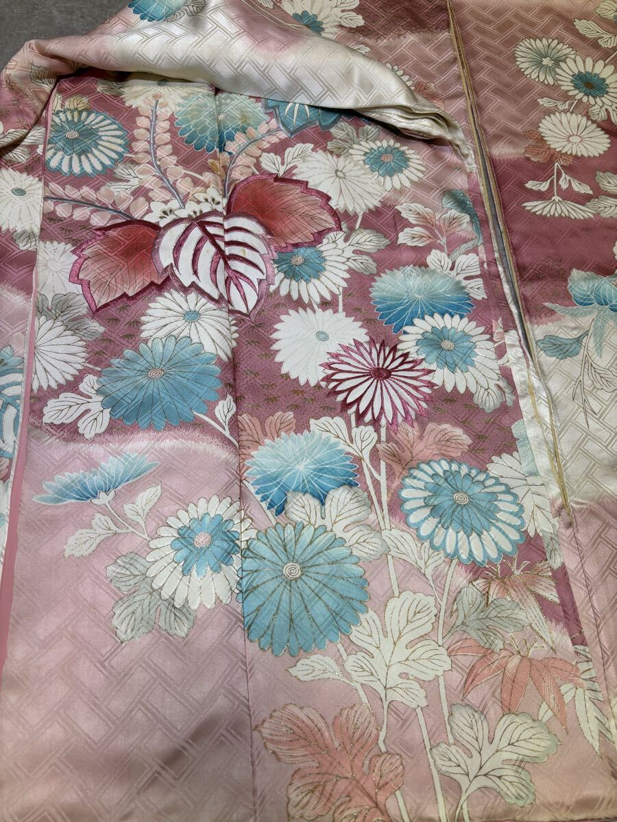 振袖 正絹 金彩 刺繍 暈 桐 菊 桧垣 クリーム色 着物 和服 和装 リメイク 染め替え ハンドメイド 生地 衣装 百貨店 高級拍卖