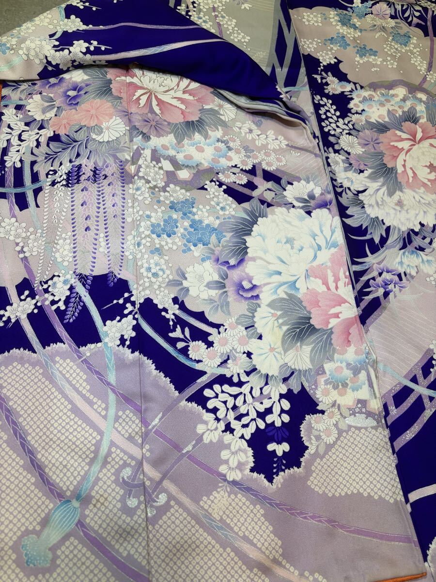 振袖 正絹 銀駒繍 銀糸 梅 菊 藤 鹿の子模様 紫色 着物 和服 和装 リメイク 染め替え ハンドメイド 生地 衣装 高級拍卖