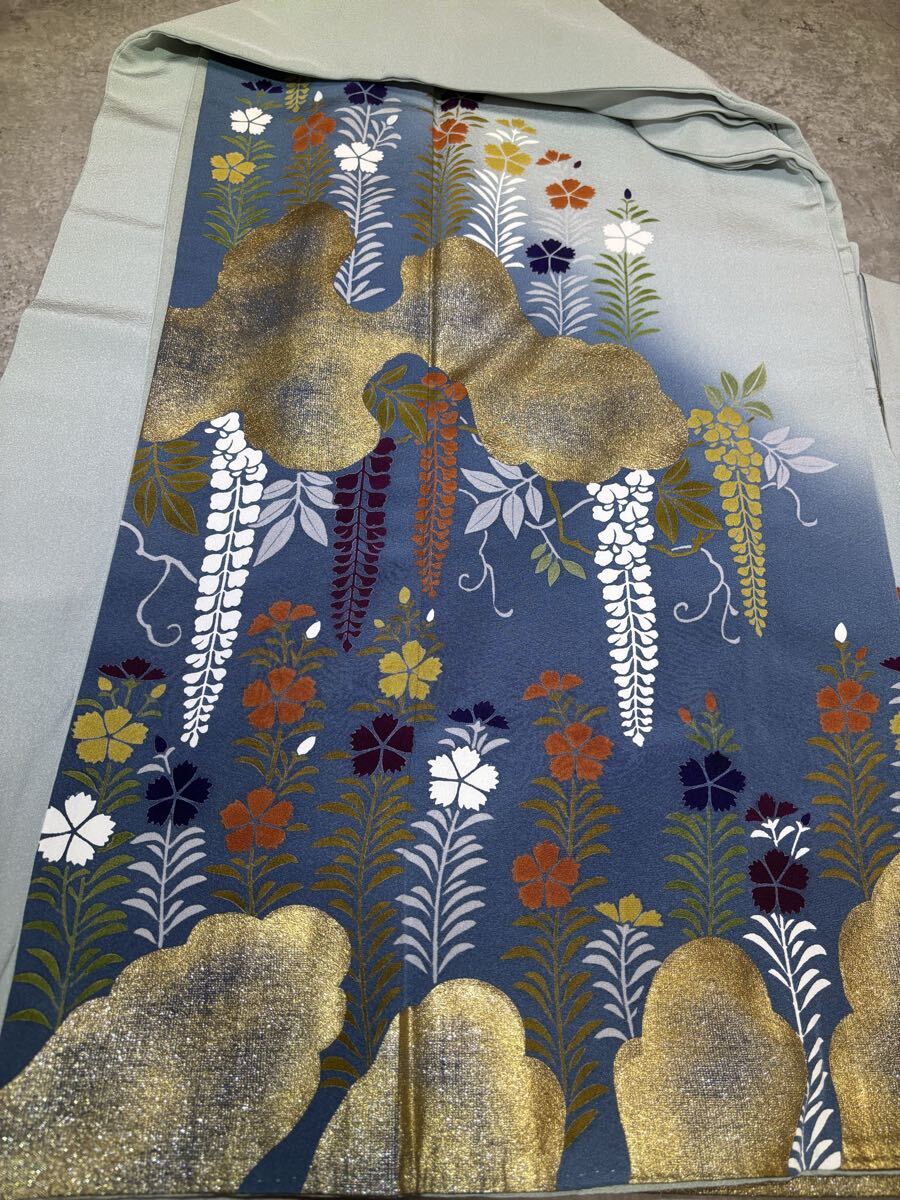 訪問着 正絹 金彩 藤 花 華 草葉 青緑色 着物 和服 和装 リメイク ハンドメイド 生地 衣装 百貨店 高級拍卖