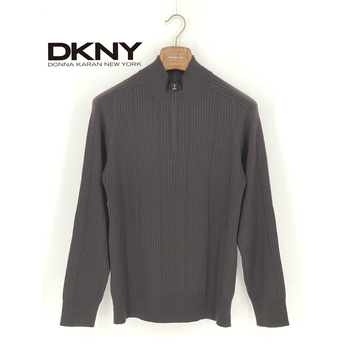 B0624/美品 DONNAKARAN ダナキャラン DKNY ウール ハイネック ヘンリーネック 長袖 ニット リブ セーター L 茶色 ブラウン カーディガン拍卖