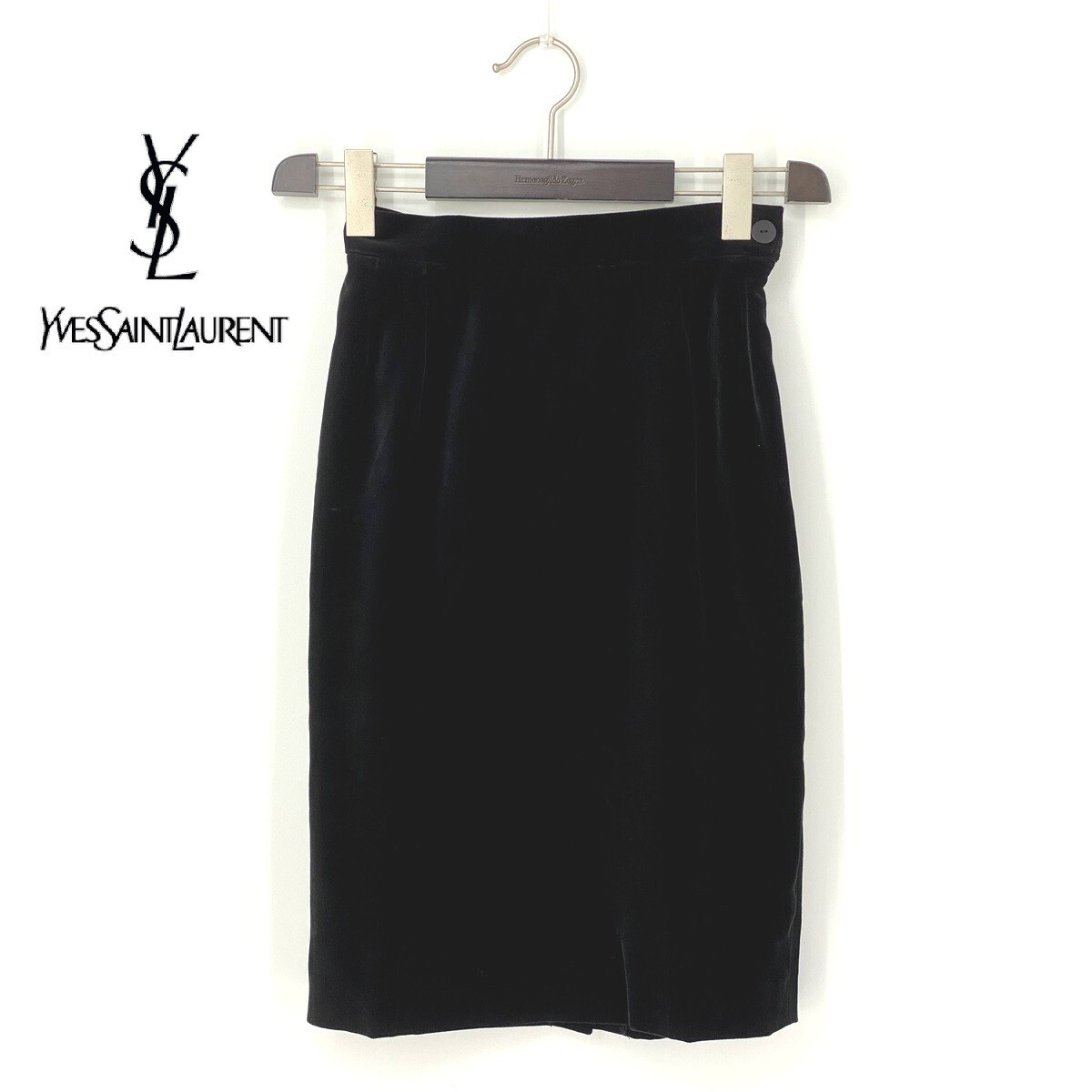 A7286/美品 春夏 YVES SAINT LAURENT イヴサンローラン コットン モダール ベロア ベルベット スカート 40 M位 黒/フランス製 レディース拍卖