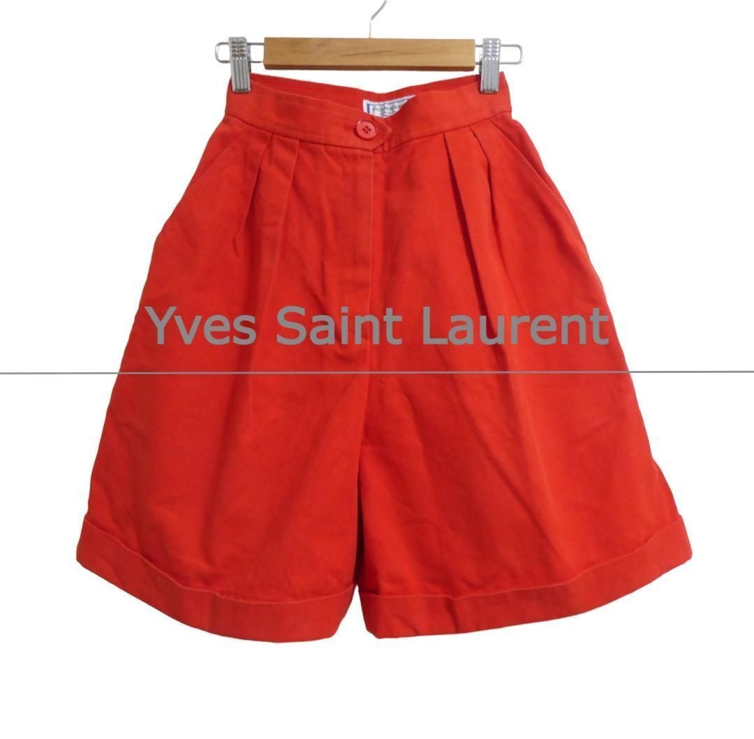 Yves Saint Laurent イヴサンローラン デニム ショートパンツ キュロット ワイド タック 裾ダブル コットン レッド サイズS レディース拍卖