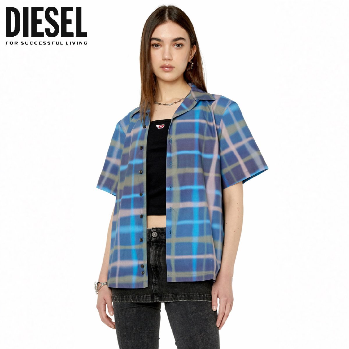 正規品/新品/S相当■タグ付き/訳ありアウトレット品■定価29,700円■DIESEL ディーゼル レディース 半袖 コットン シャツ チェック柄 407拍卖