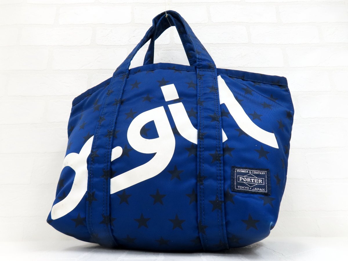 ◆美品◆PORTER ポーター 吉田カバン◆x-girlコラボ◆星柄◆ナイロン◆ハンド トート バッグ◆ブルー シルバー金具◆日本製◆A18708拍卖