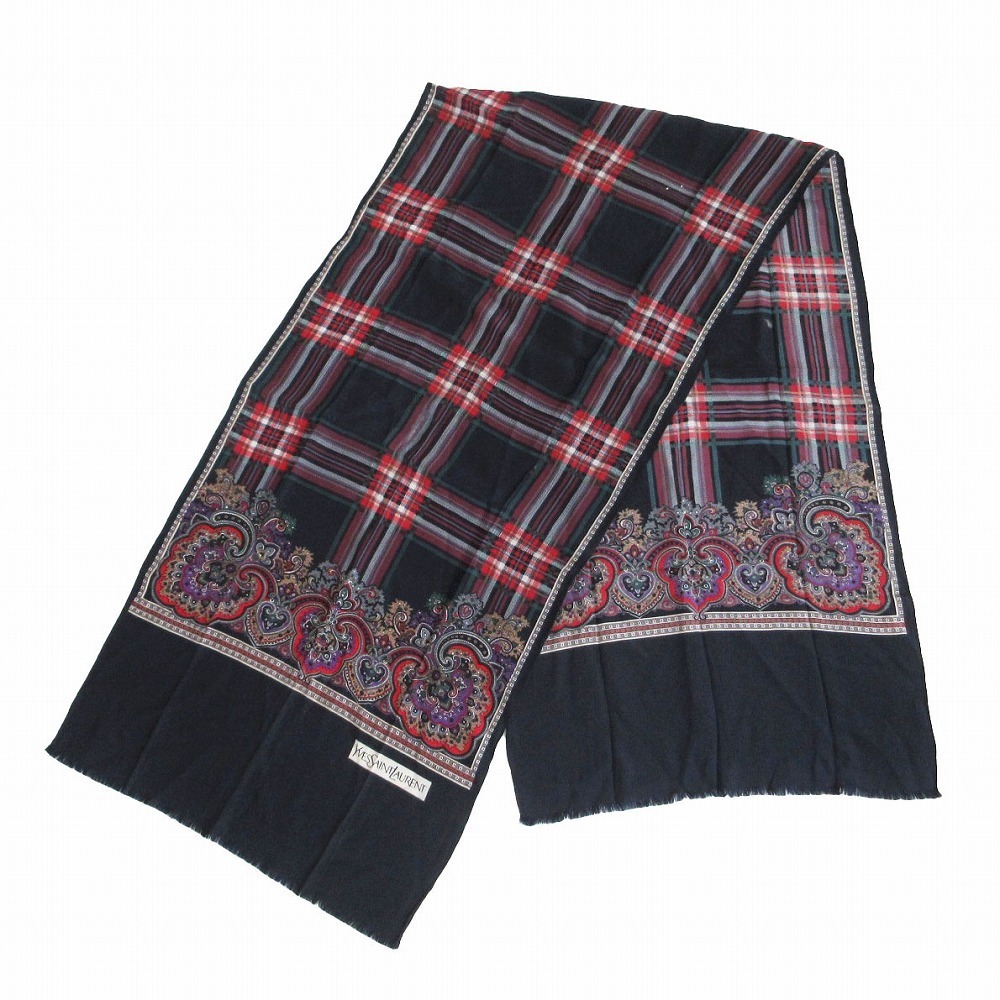 YVES SAINT LAURENT イヴ・サンローラン ストール ペイズリー柄 チェック柄 シルク スクエア拍卖