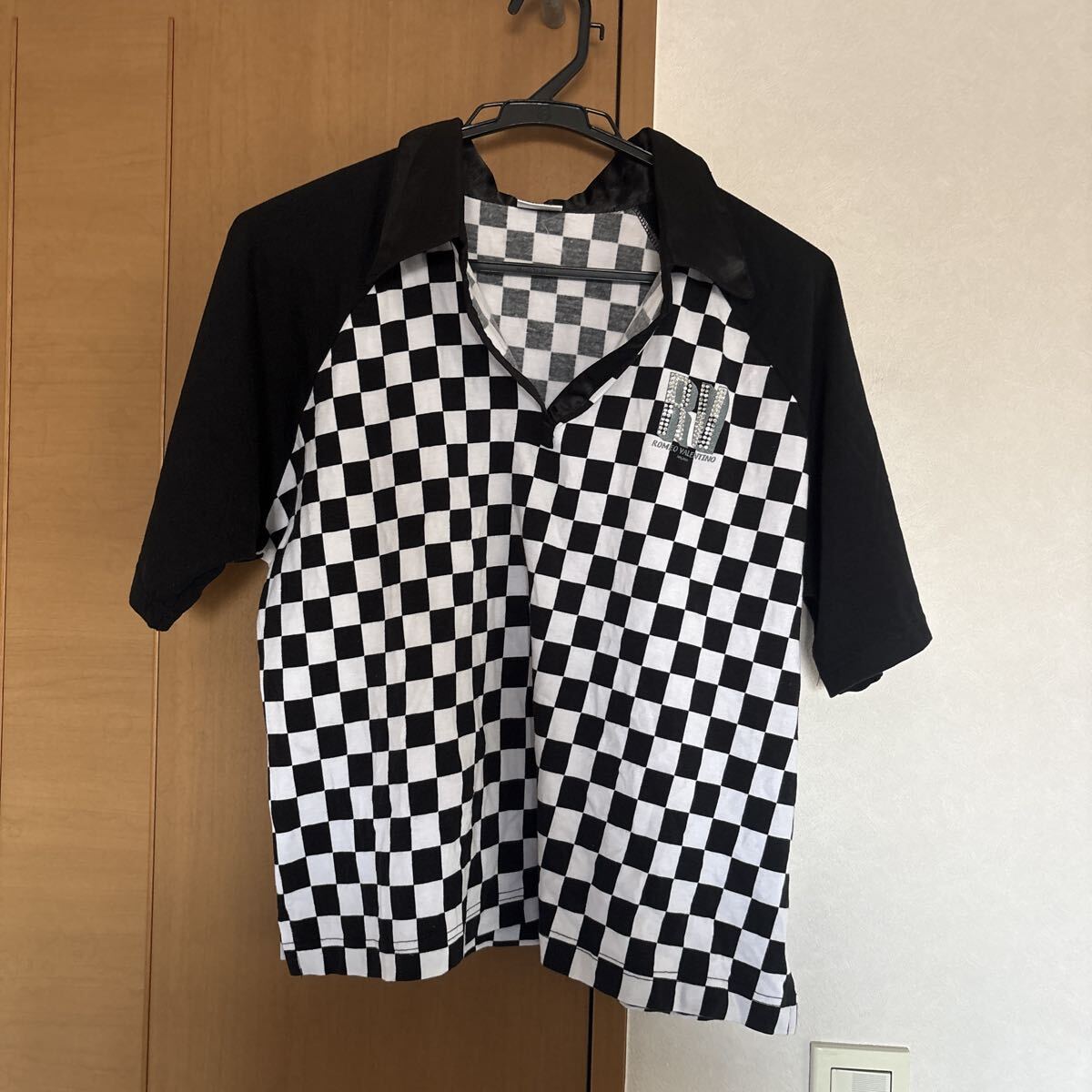 ROMEO VALENTINO 半袖ポロシャツ チェッカーフラッグ柄 ブラック×ホワイト拍卖